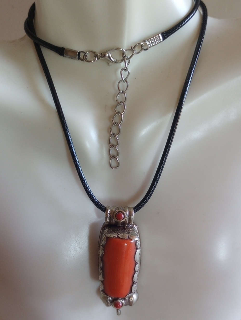 Tibetan Silver Embossed Natural Red CoraL Pendant Leather Cord 18" Long